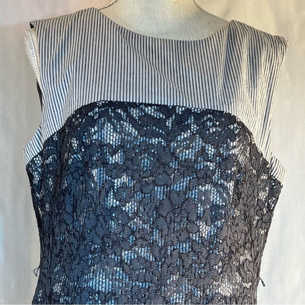 Maggie London Dress Gray White Gingham Trim & Lace Overlay Sleeveless Sheath 12👍 - Picture 2 of 8